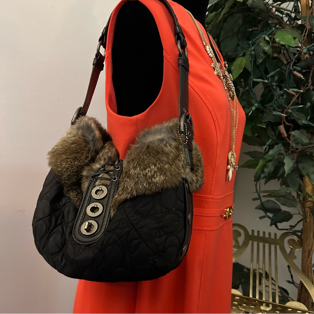 Coach Rabbit Fur and Leather Trim Quilted Nylon Shoulder Bag